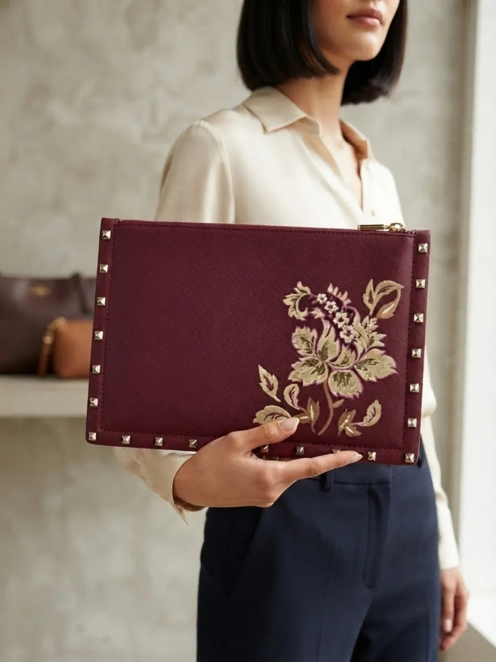 Beautiful Stud-Trim Burgundy Faux Leather Wristlet Purse